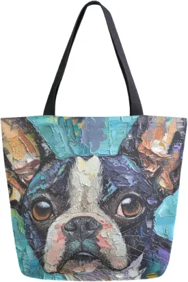 Chic Extra Large Shoulder Grocery Tote Bag, Colors Painting Boston Terrier Canvas Daily Handle Bag for Gym Yoga Weekender Beach Travel Picnic Kitchen Reusable Market Shopping