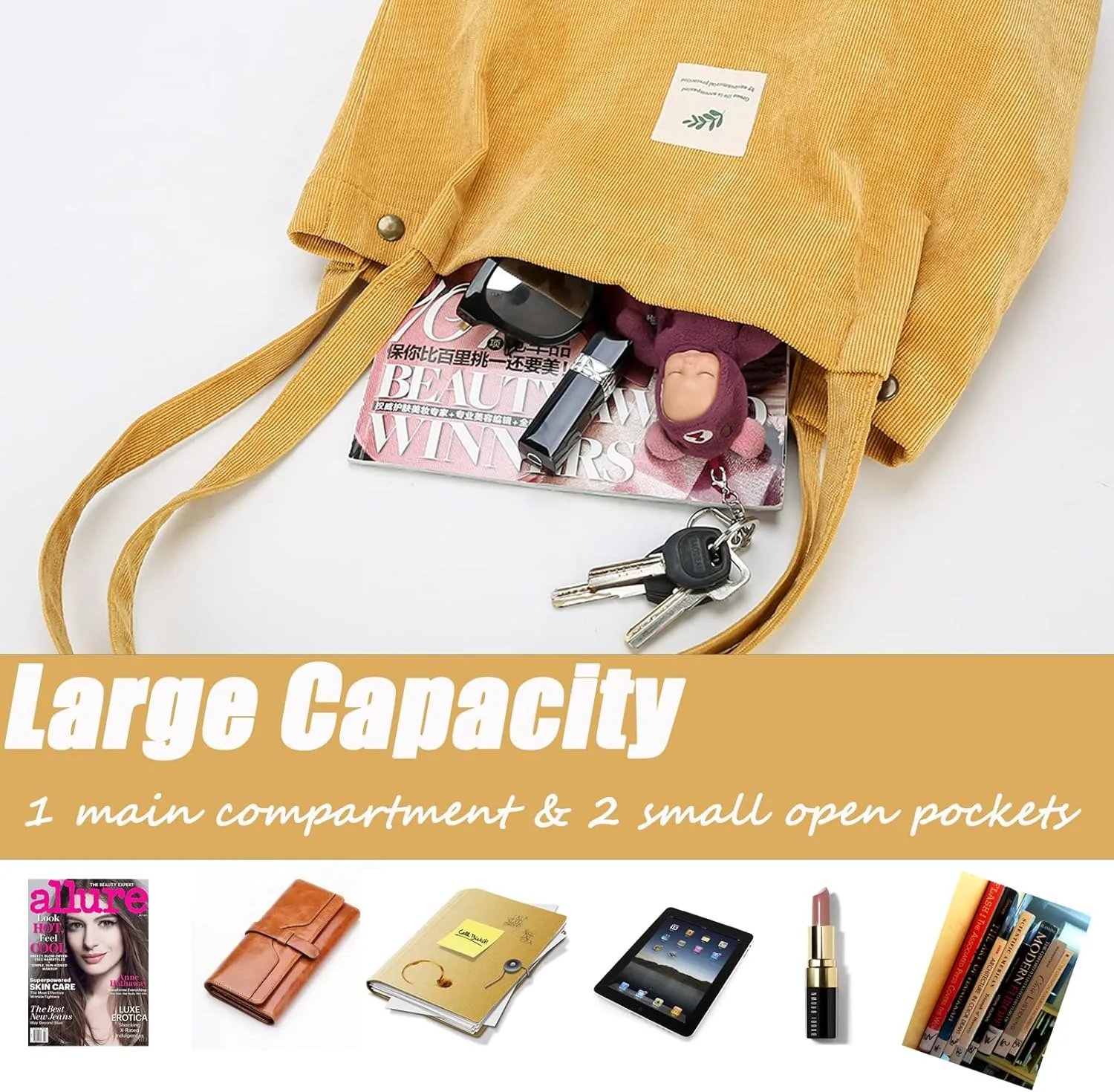 Cloele Corduroy Tote Bag for Women Cute Tote Bag with Inner Pocket for College Work Beach Grocery