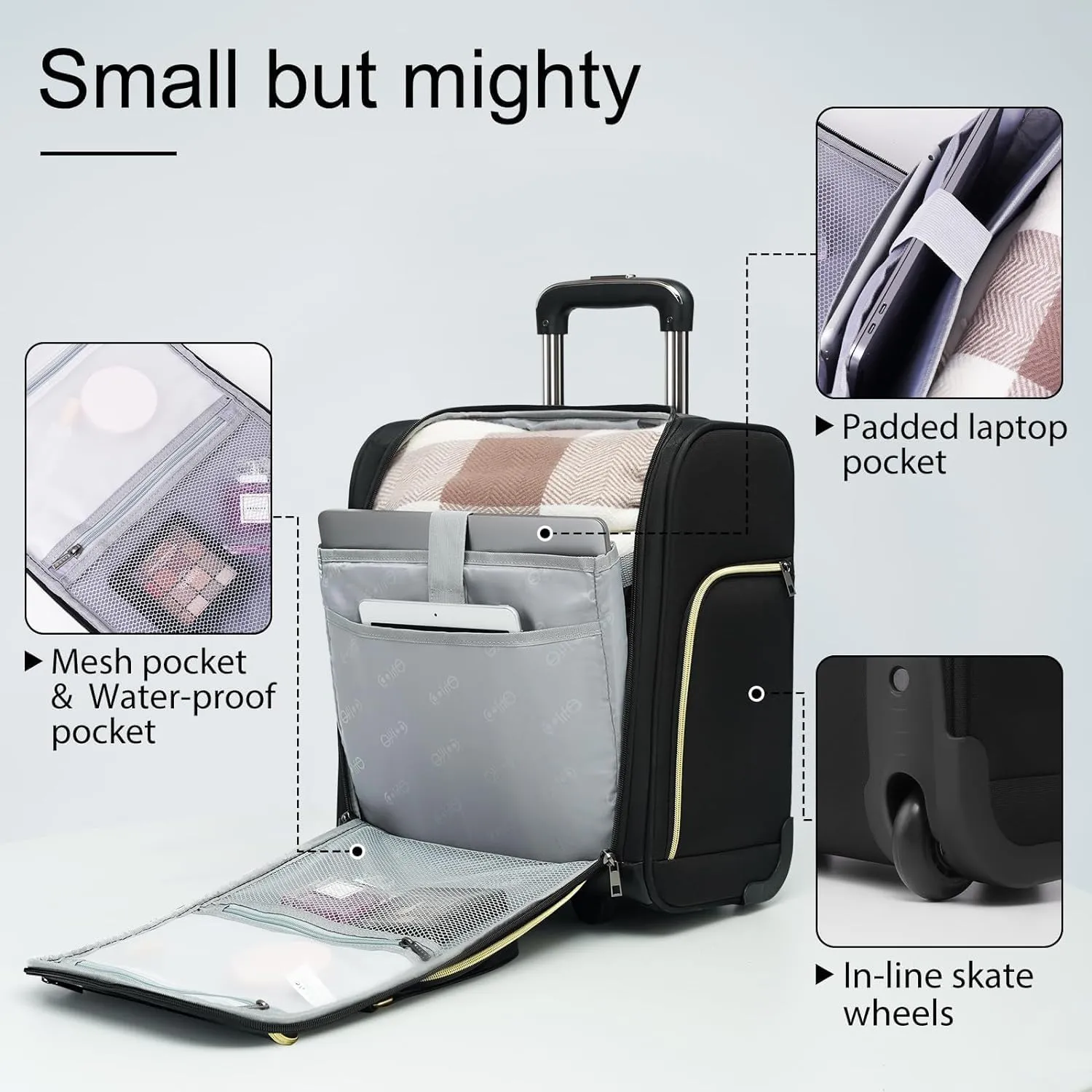 Coolife Luggage Carry On Luggage Underseat Luggage Suitcase Softside Wheeled Luggage Lightweight Rolling Travel Bag Underseater (Champagne Gray, Carry-On 16-Inch)