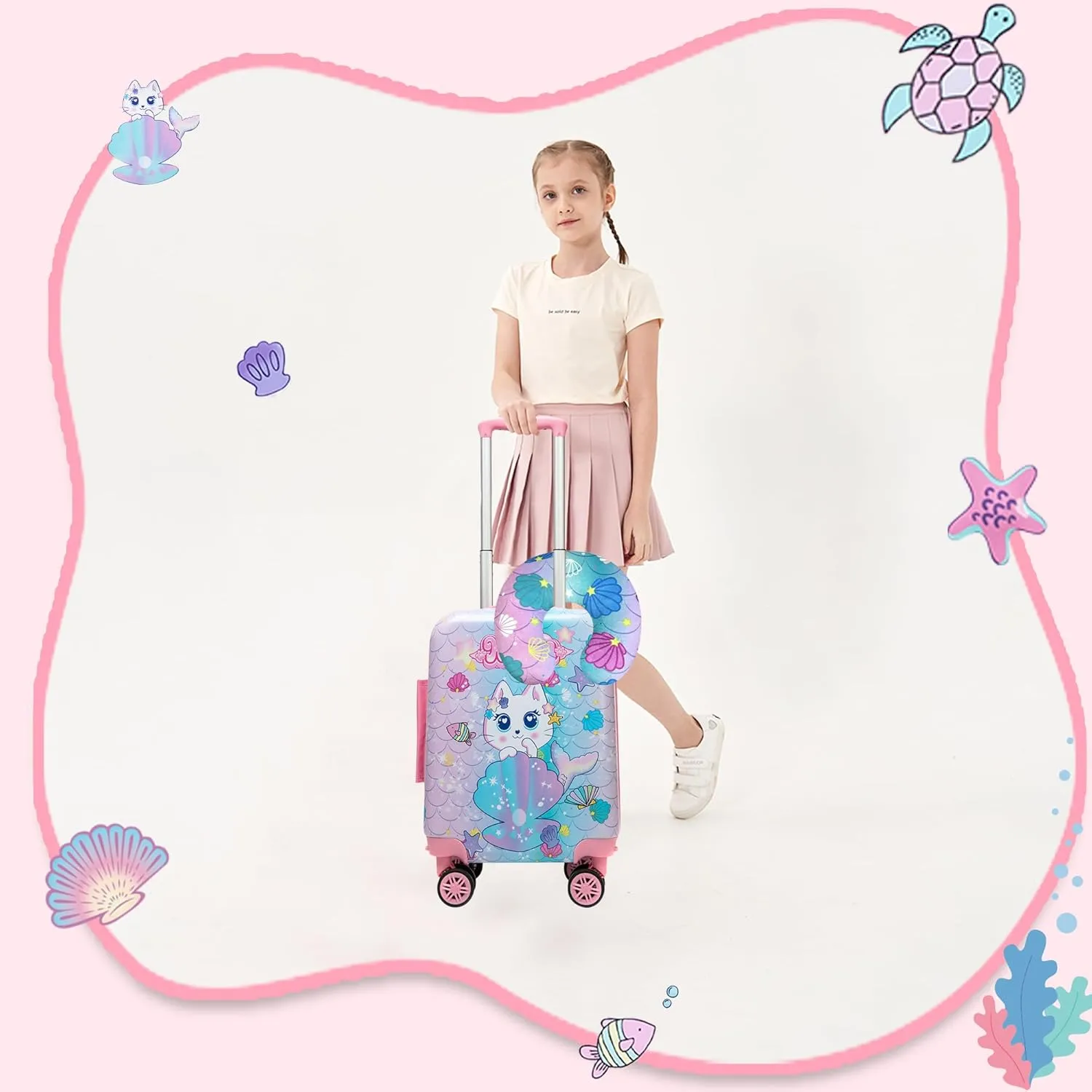 Cute Cat Kids Luggage Set 2 Piece Suitcase Set 16" Hardside Luggage with Spinner Wheels Girls Carry on Toddler Travel Rolling Luggage Airline Approved
