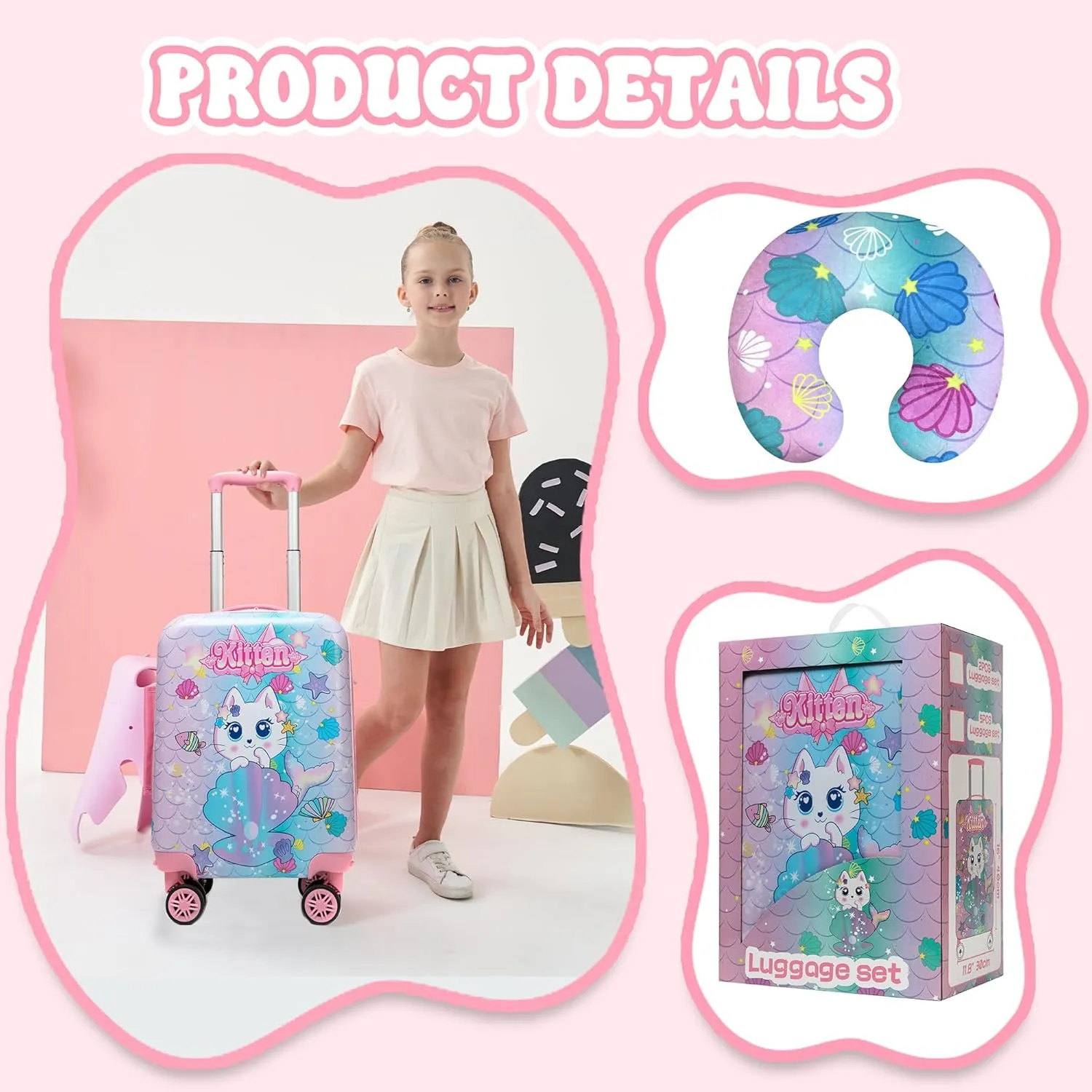 Cute Cat Kids Luggage Set 2 Piece Suitcase Set 16" Hardside Luggage with Spinner Wheels Girls Carry on Toddler Travel Rolling Luggage Airline Approved