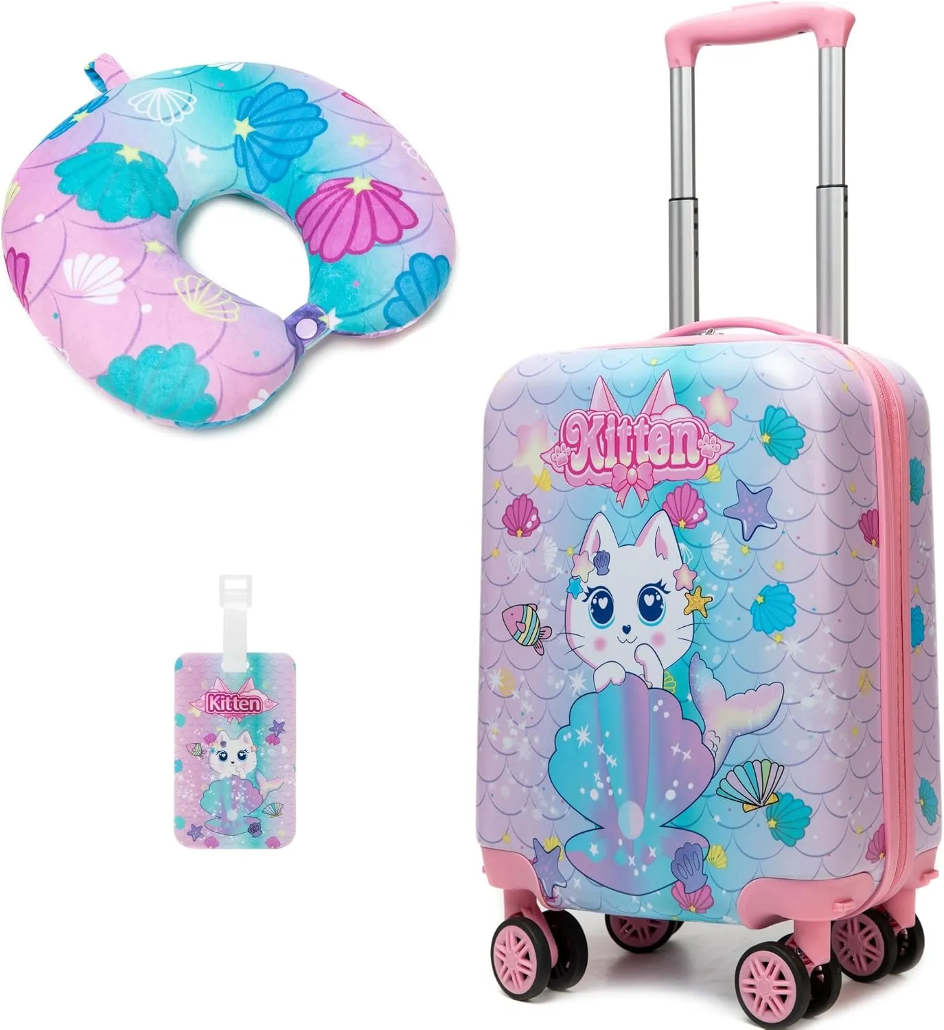 Cute Cat Kids Luggage Set 2 Piece Suitcase Set 16" Hardside Luggage with Spinner Wheels Girls Carry on Toddler Travel Rolling Luggage Airline Approved