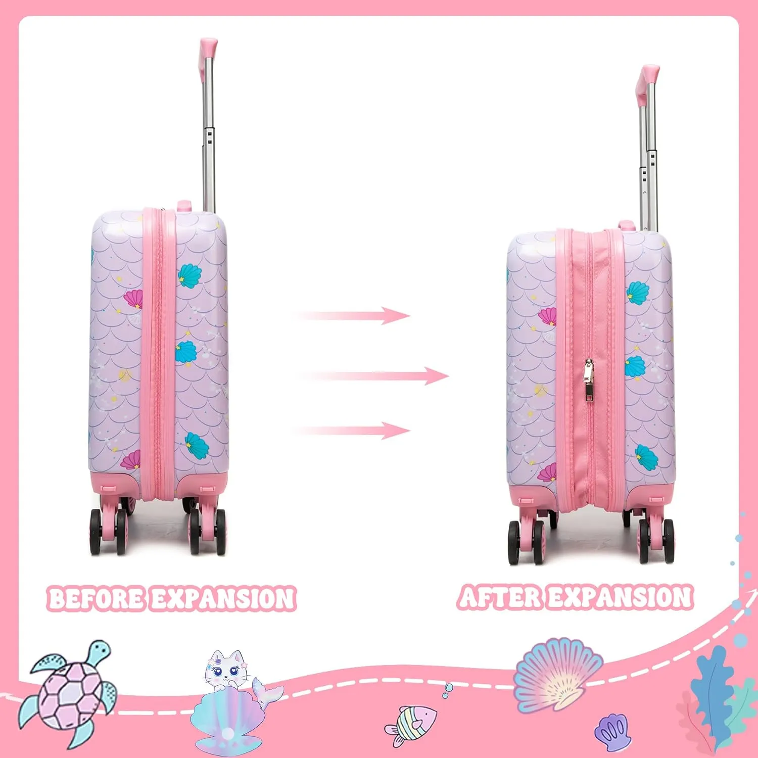 Cute Cat Kids Luggage Set 2 Piece Suitcase Set 16" Hardside Luggage with Spinner Wheels Girls Carry on Toddler Travel Rolling Luggage Airline Approved