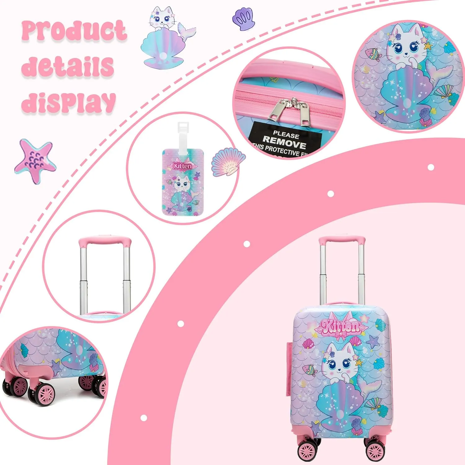 Cute Cat Kids Luggage Set 2 Piece Suitcase Set 16" Hardside Luggage with Spinner Wheels Girls Carry on Toddler Travel Rolling Luggage Airline Approved