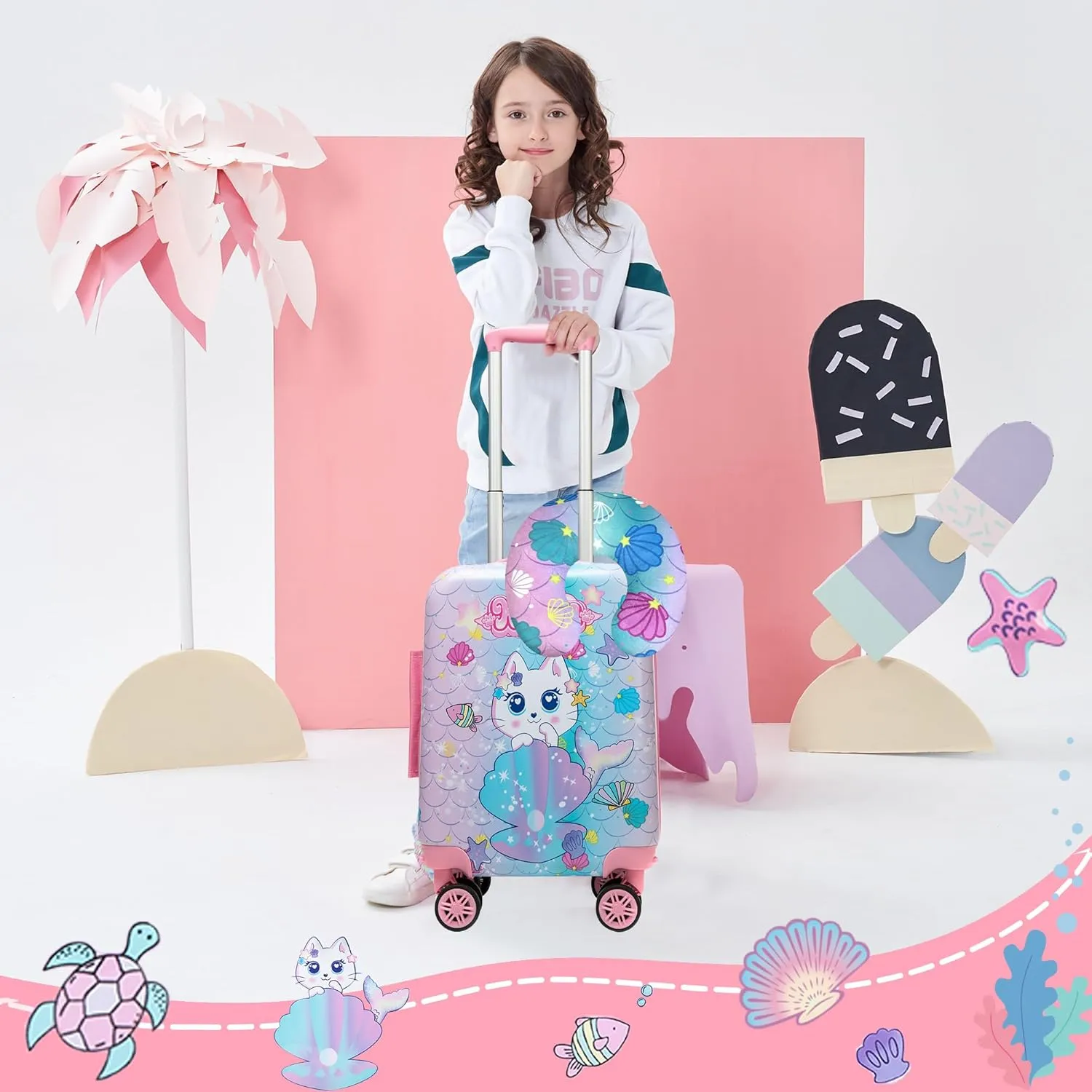 Cute Cat Kids Luggage Set 2 Piece Suitcase Set 16" Hardside Luggage with Spinner Wheels Girls Carry on Toddler Travel Rolling Luggage Airline Approved