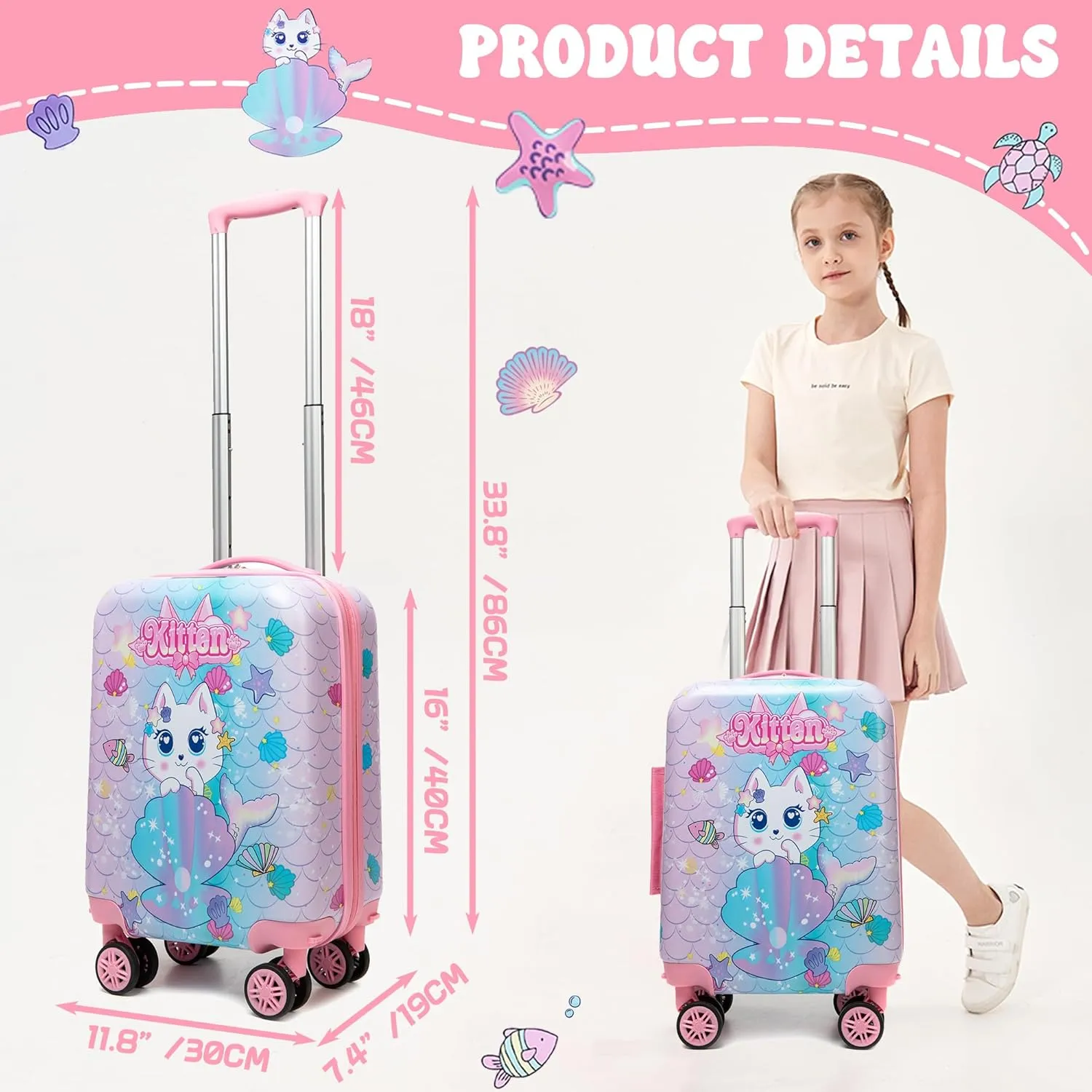 Cute Cat Kids Luggage Set 2 Piece Suitcase Set 16" Hardside Luggage with Spinner Wheels Girls Carry on Toddler Travel Rolling Luggage Airline Approved
