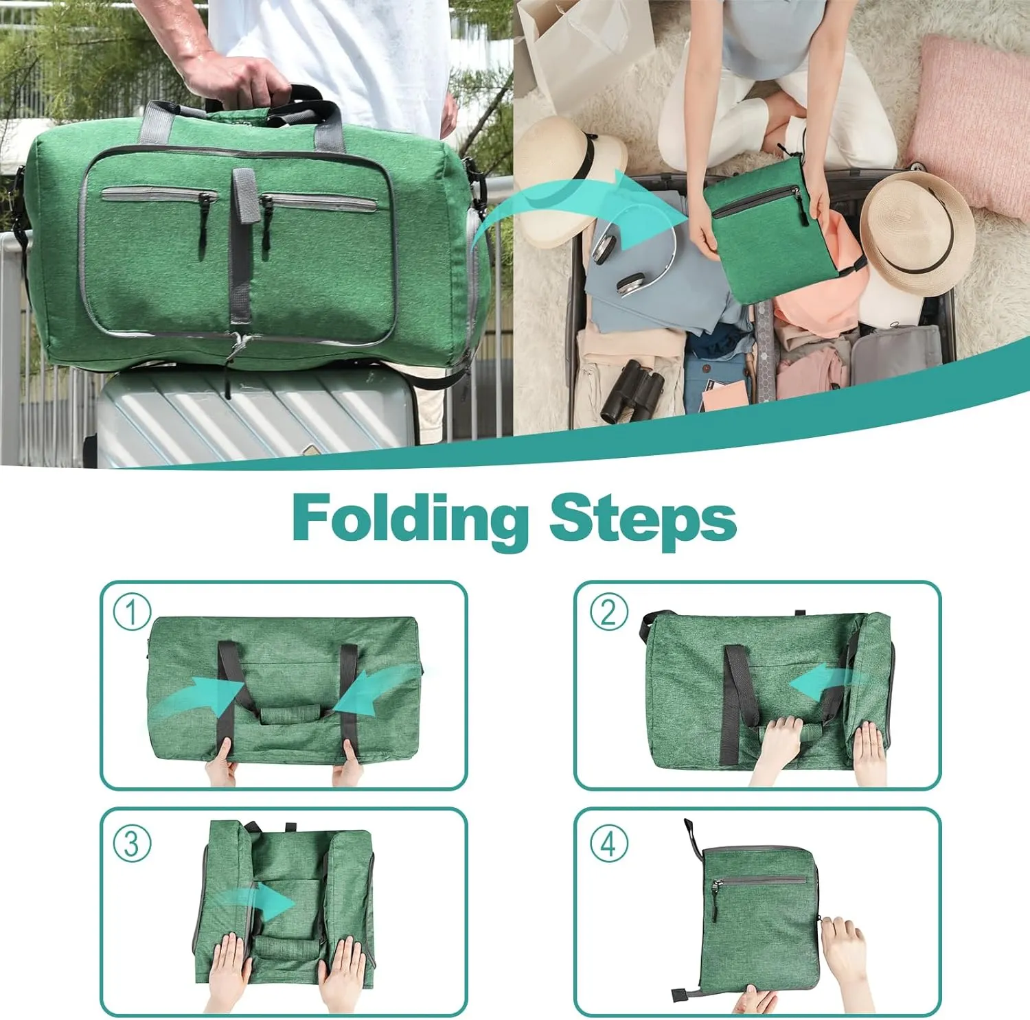 Dimayar 65L Travel Duffle Bag for Men Women - Foldable Duffel Bag with Shoes Compartment - Overnight Bags Waterproof & Tear Resistant(Forest Green)