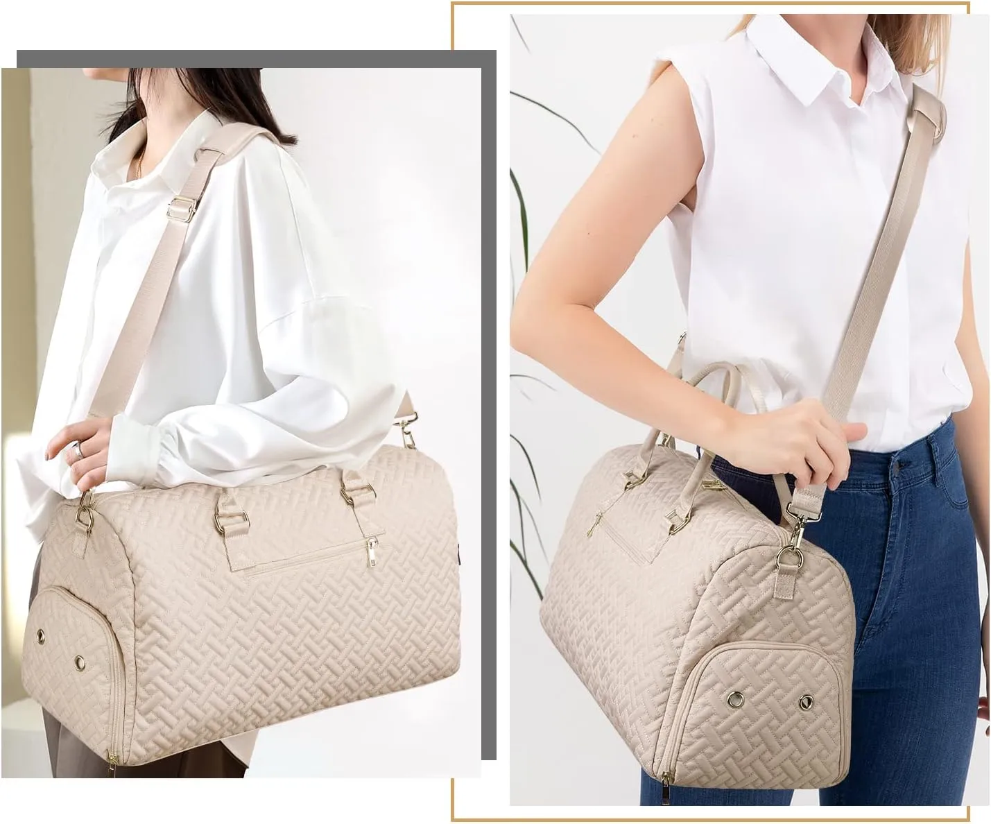 Duffle Bag for Travel, Weekender Bag with Shoe Compartment, Carry On Overnight Bag for Women with Toiletry Bag, Gym Bag with Wet Pocket, Hospital Bags for Labor and Delivery Beige