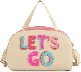 DYSHAYEN Chenille Letter Travel Duffle Bag Large PU Leather Weekender Overnight Bag for Women Carry on Bags Travel ToteLet's Go