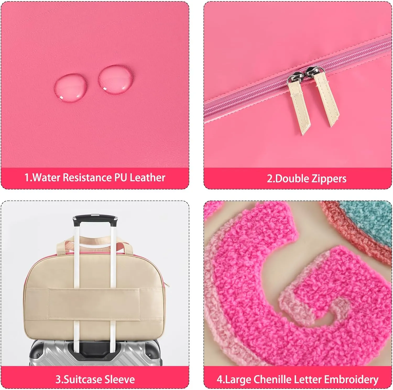 DYSHAYEN Chenille Letter Travel Duffle Bag Large PU Leather Weekender Overnight Bag for Women Carry on Bags Travel ToteLet's Go