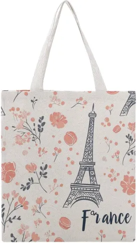 Eiffel Tower Paris French Macarons Tote Bag Canvas Handbags Large Shoulder Bag Shopping Grocery Bags for Work Travel Shopping