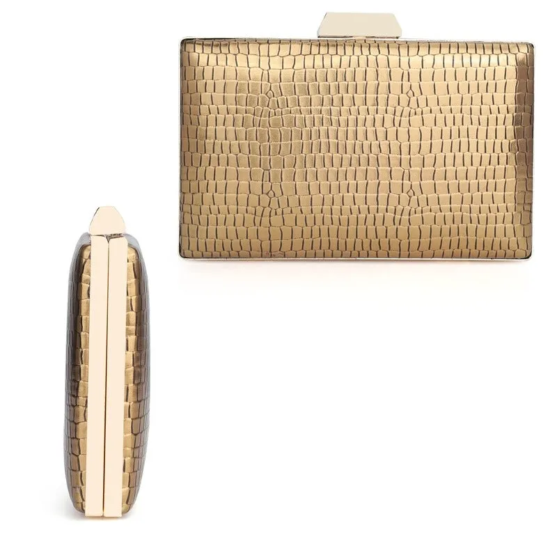 Elegant Faux Leather Womens Clutch - Crystal Clasp Closure | Detachable Chain Strap | 20x4x13 cms | Golden