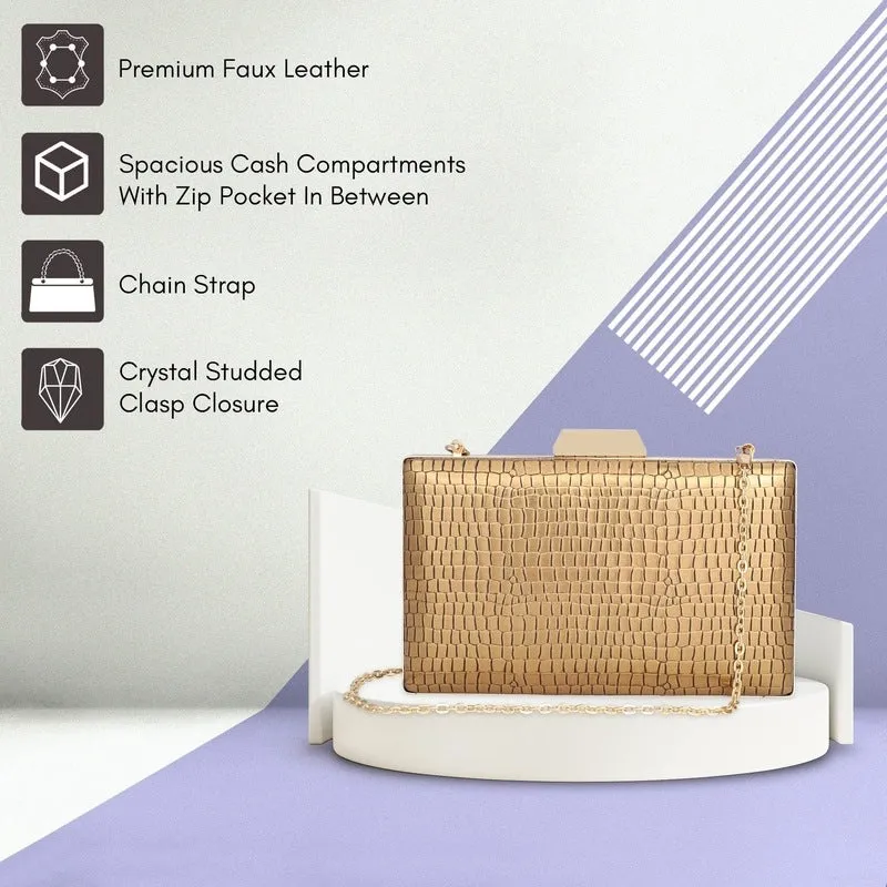 Elegant Faux Leather Womens Clutch - Crystal Clasp Closure | Detachable Chain Strap | 20x4x13 cms | Golden