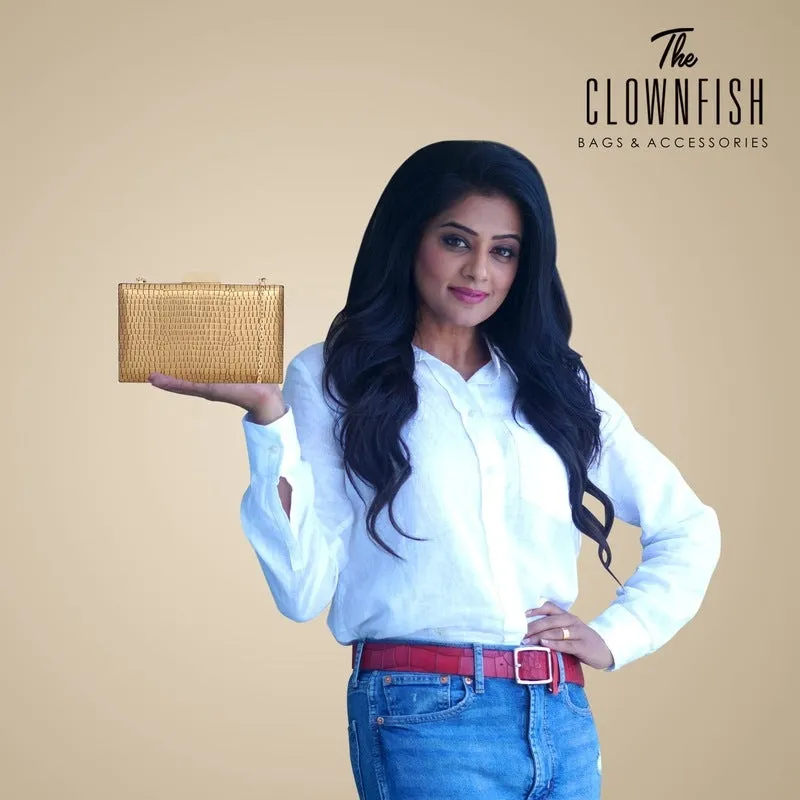 Elegant Faux Leather Womens Clutch - Crystal Clasp Closure | Detachable Chain Strap | 20x4x13 cms | Golden