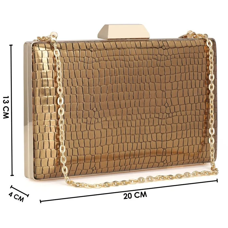 Elegant Faux Leather Womens Clutch - Crystal Clasp Closure | Detachable Chain Strap | 20x4x13 cms | Golden