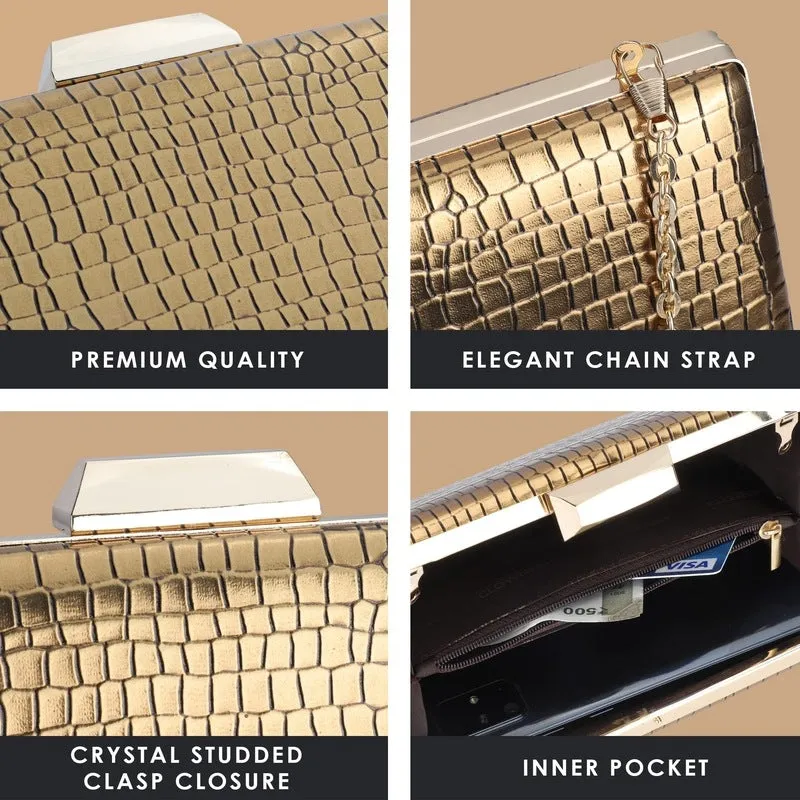 Elegant Faux Leather Womens Clutch - Crystal Clasp Closure | Detachable Chain Strap | 20x4x13 cms | Golden
