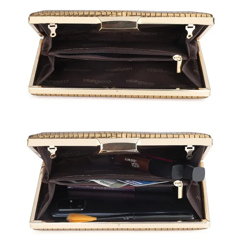 Elegant Faux Leather Womens Clutch - Crystal Clasp Closure | Detachable Chain Strap | 20x4x13 cms | Golden
