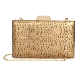 Elegant Faux Leather Womens Clutch - Crystal Clasp Closure | Detachable Chain Strap | 20x4x13 cms | Golden