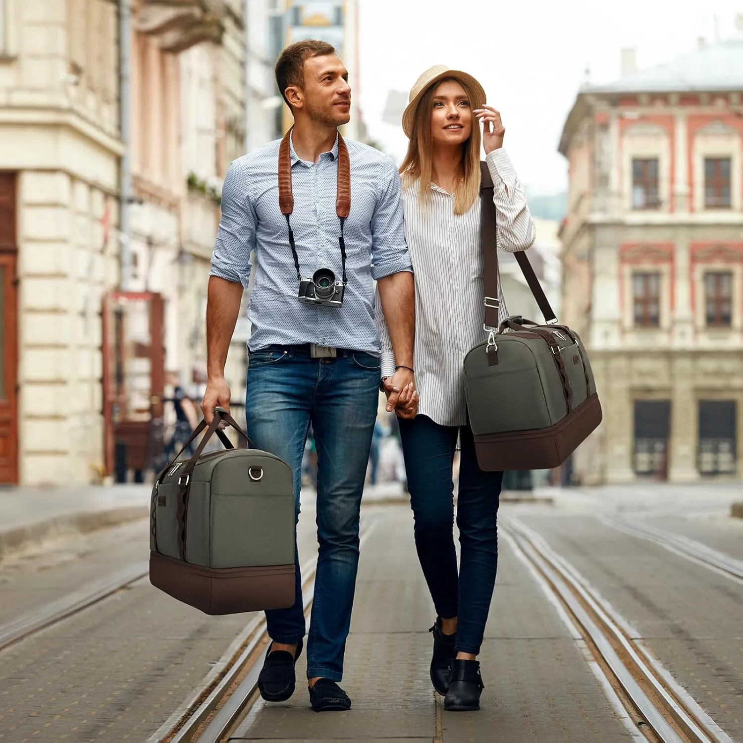 ETRONIK Travel Bag for Men Women, Duffle Bag & Gym Bag with Shoe Compartment, Weekender Overnight Bags with Toiletry Bag, Carry on Bags for Airplanes for Travel, Trip, Gym, Yoga Green-Brown