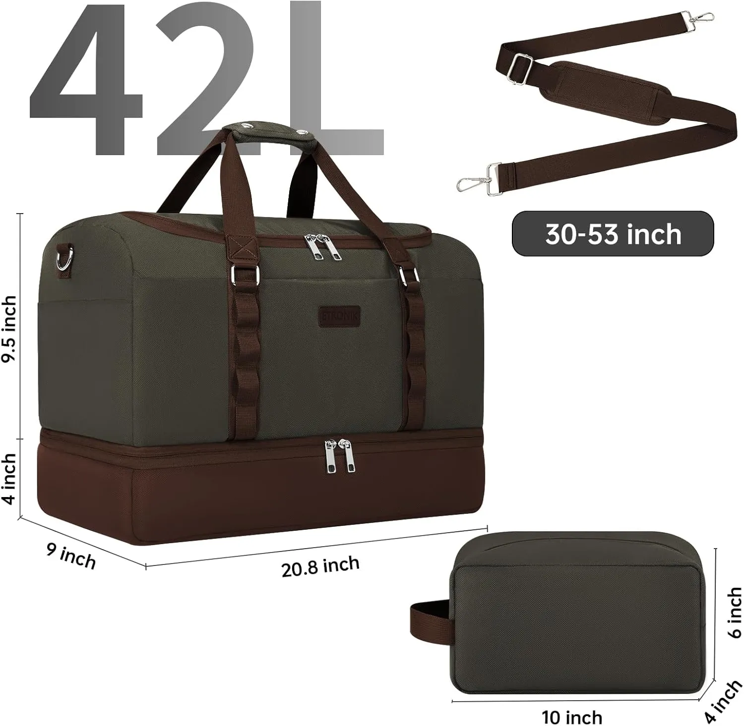 ETRONIK Travel Bag for Men Women, Duffle Bag & Gym Bag with Shoe Compartment, Weekender Overnight Bags with Toiletry Bag, Carry on Bags for Airplanes for Travel, Trip, Gym, Yoga Green-Brown