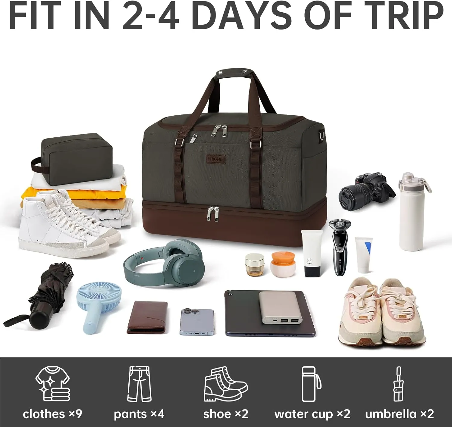 ETRONIK Travel Bag for Men Women, Duffle Bag & Gym Bag with Shoe Compartment, Weekender Overnight Bags with Toiletry Bag, Carry on Bags for Airplanes for Travel, Trip, Gym, Yoga Green-Brown