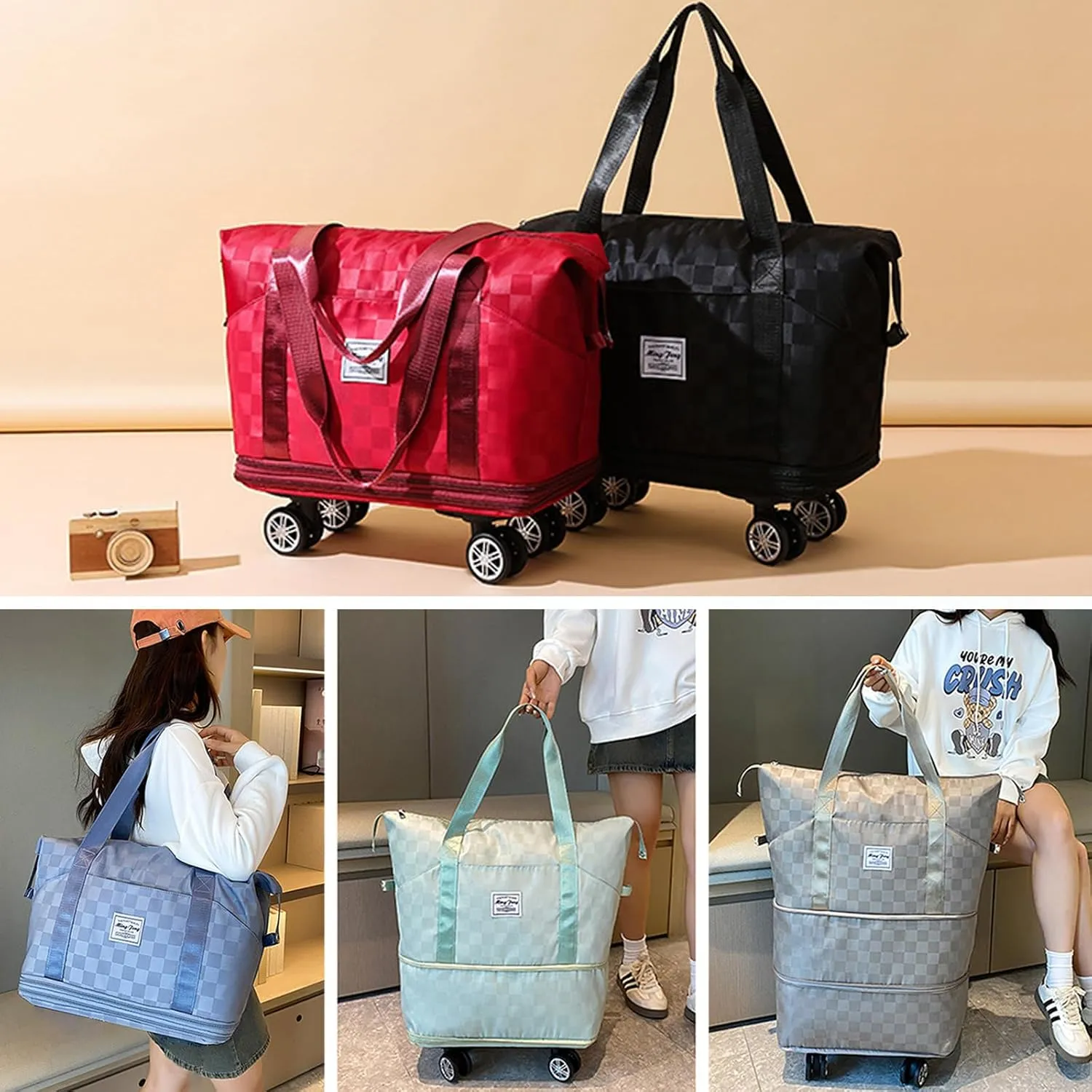 Expandable Foldable Duffel Bag Suitcases,Detachable Rolling Wheels,Rolling Duffle Bag with Wheels,Suitcases with Wheels,Carry on Luggage,Gift for Men Women Lightweight Suitcases (Blue)