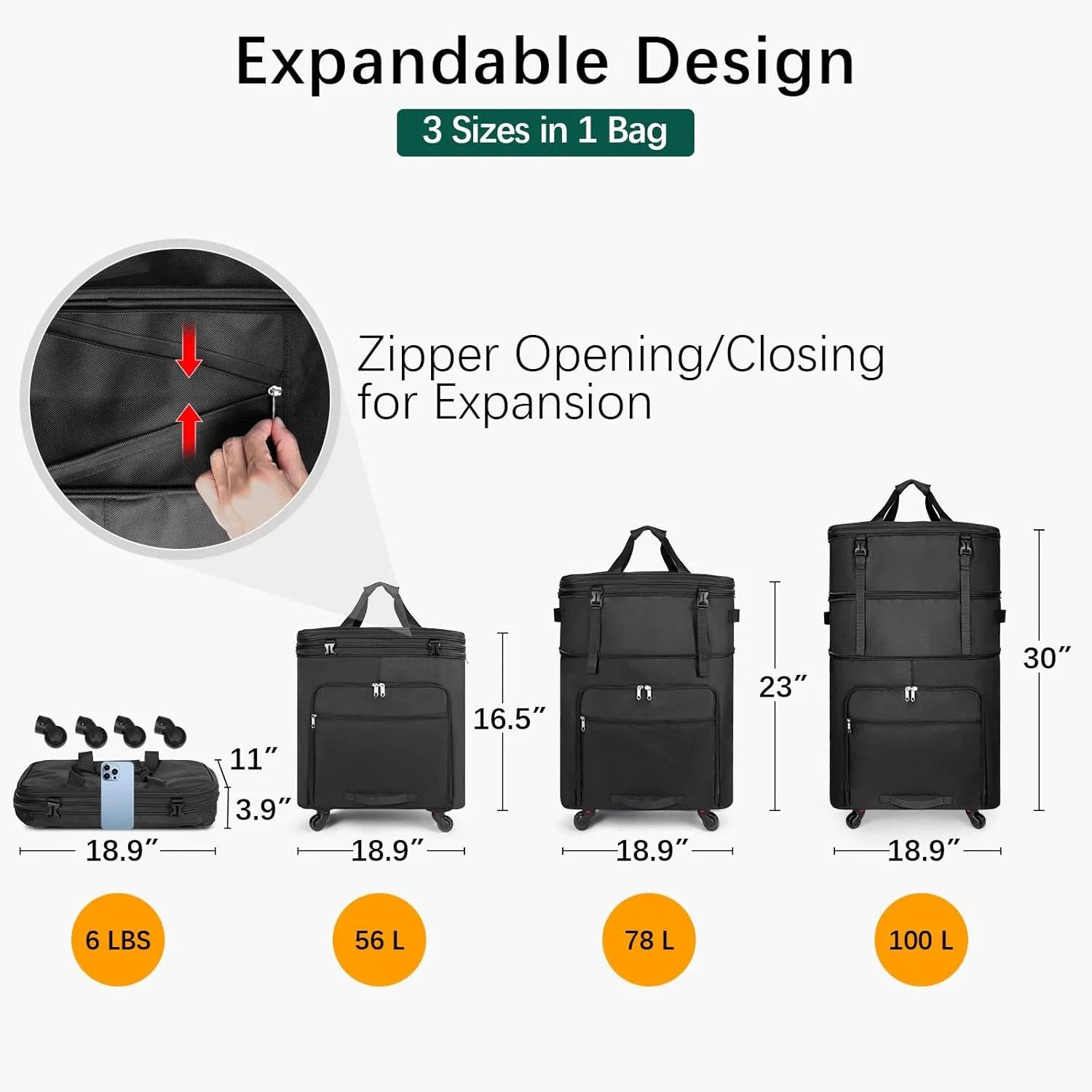 Expandable Luggage Collapsible Suitcase with Wheels Large Foldable Travel Bag Rolling Duffle Bag for Men Women, Black