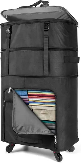 Expandable Luggage Collapsible Suitcase with Wheels Large Foldable Travel Bag Rolling Duffle Bag for Men Women, Black