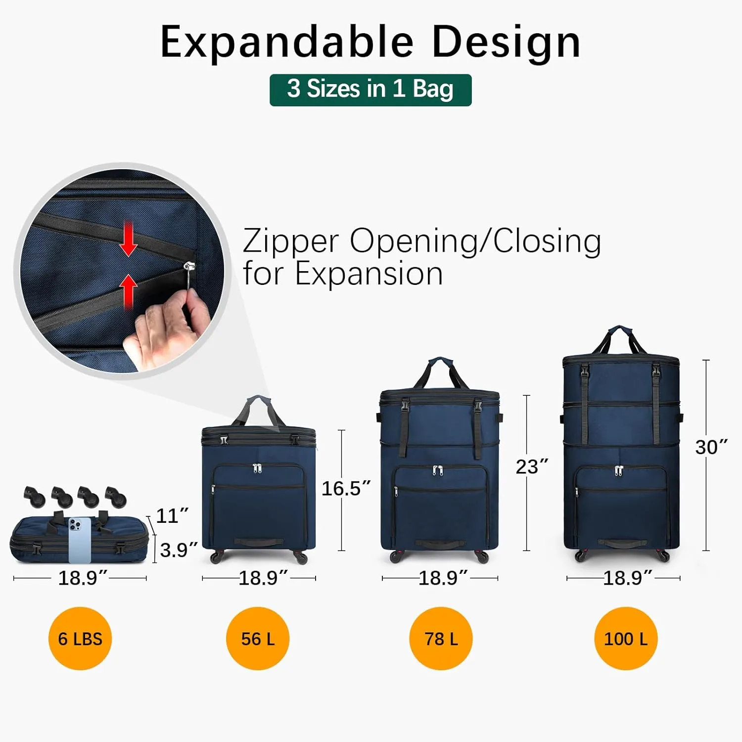 Expandable Luggage Collapsible Suitcase with Wheels Large Foldable Travel Bag Rolling Duffle Bag for Men Women, Dark Blue