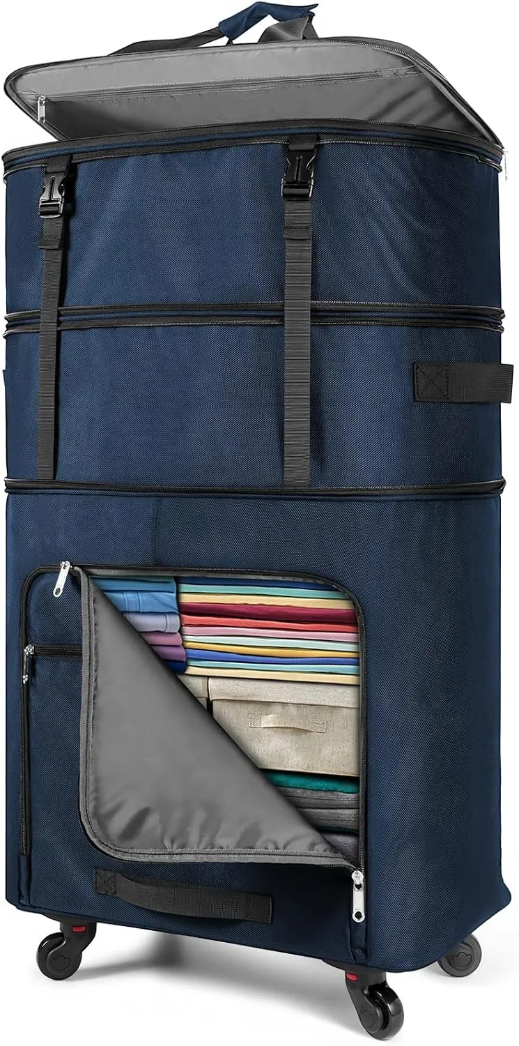 Expandable Luggage Collapsible Suitcase with Wheels Large Foldable Travel Bag Rolling Duffle Bag for Men Women, Dark Blue