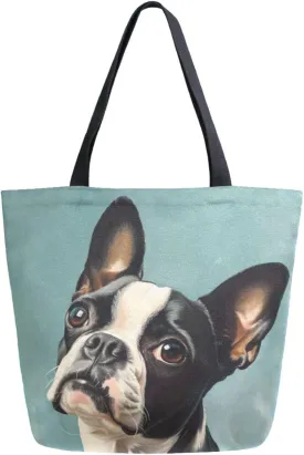 Fashion Extra Large Shoulder Grocery Tote Bag, Boston Terrier Dog Canvas Daily Handle Bag for Gym Yoga Weekender Beach Travel Picnic Kitchen Reusable Market Shopping