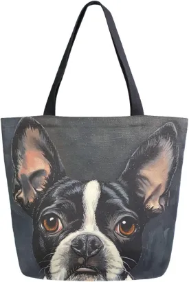 Fashion Extra Large Shoulder Grocery Tote Bag, Cute Boston Dog Painting Canvas Daily Handle Bag for Gym Yoga Weekender Beach Travel Picnic Kitchen Reusable Market Shopping