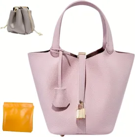 Genuine Leather Bucket Bag with Lock Closure, Vegetable Basket, Stylish and Versatile Shoulder bag, Spacious Tote Bag