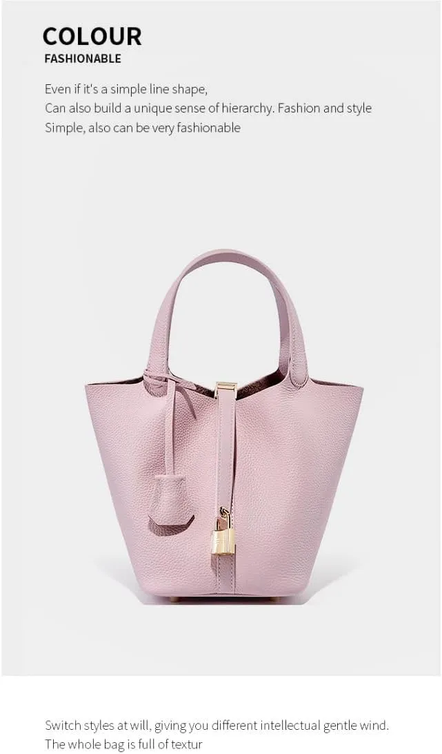 Genuine Leather Bucket Bag with Lock Closure, Vegetable Basket, Stylish and Versatile Shoulder bag, Spacious Tote Bag