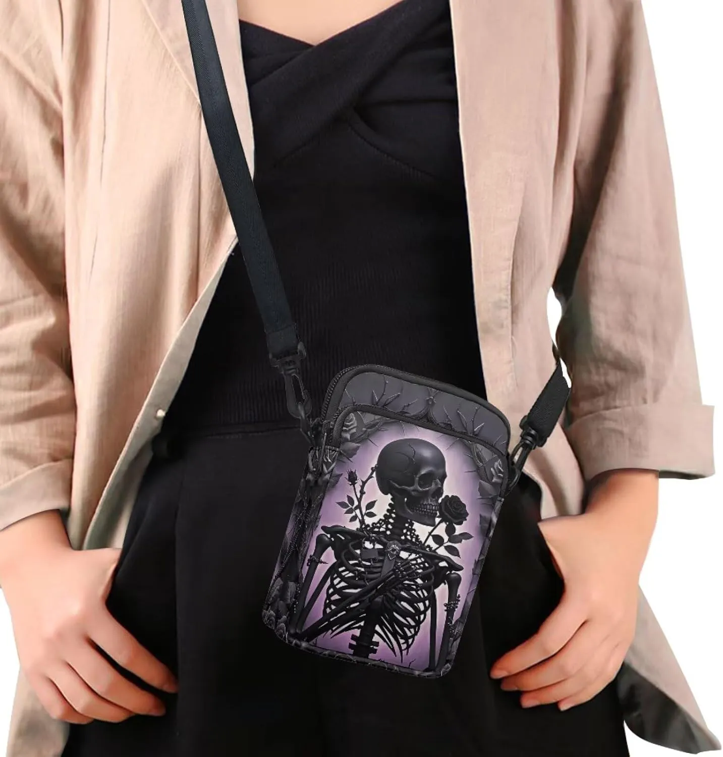 Gothic Small Crossbody Bag for Women Lightweight Cell Phone Purse, Bloody Rose Shoulder Wallet with Zipper Pocket