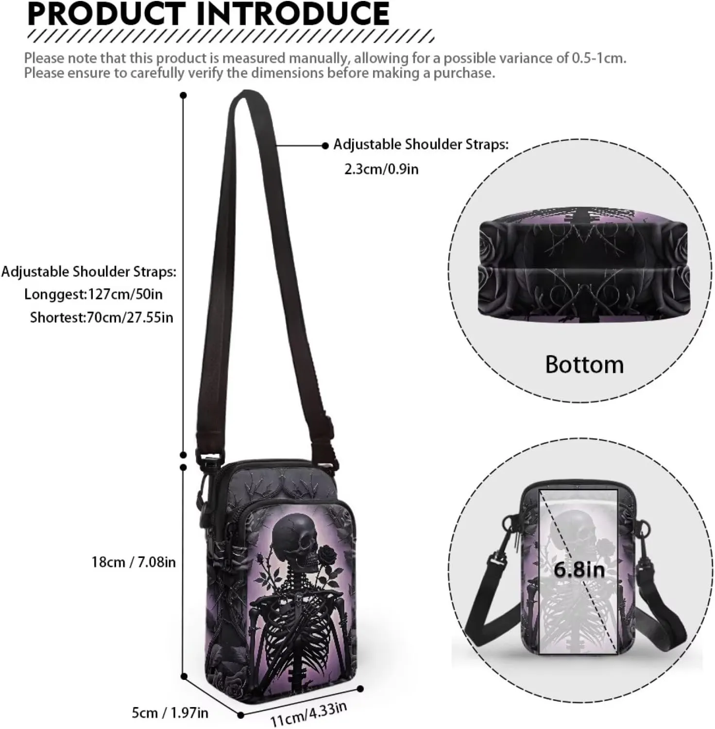 Gothic Small Crossbody Bag for Women Lightweight Cell Phone Purse, Bloody Rose Shoulder Wallet with Zipper Pocket