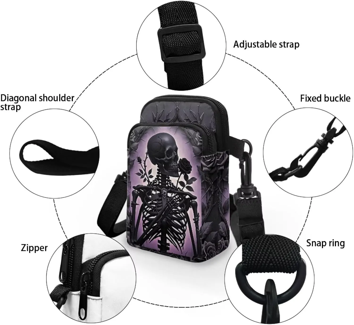 Gothic Small Crossbody Bag for Women Lightweight Cell Phone Purse, Bloody Rose Shoulder Wallet with Zipper Pocket