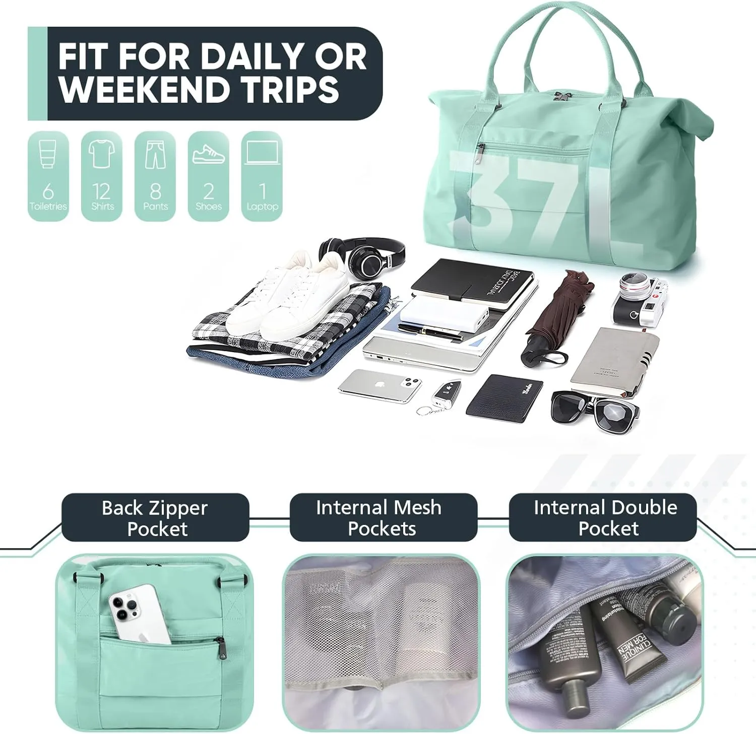 Grass Weekender Travel Bag - Small Gym Bag for Men & Women, Overnight Bag with Trolley Sleeve, Airplane Travel Essentials