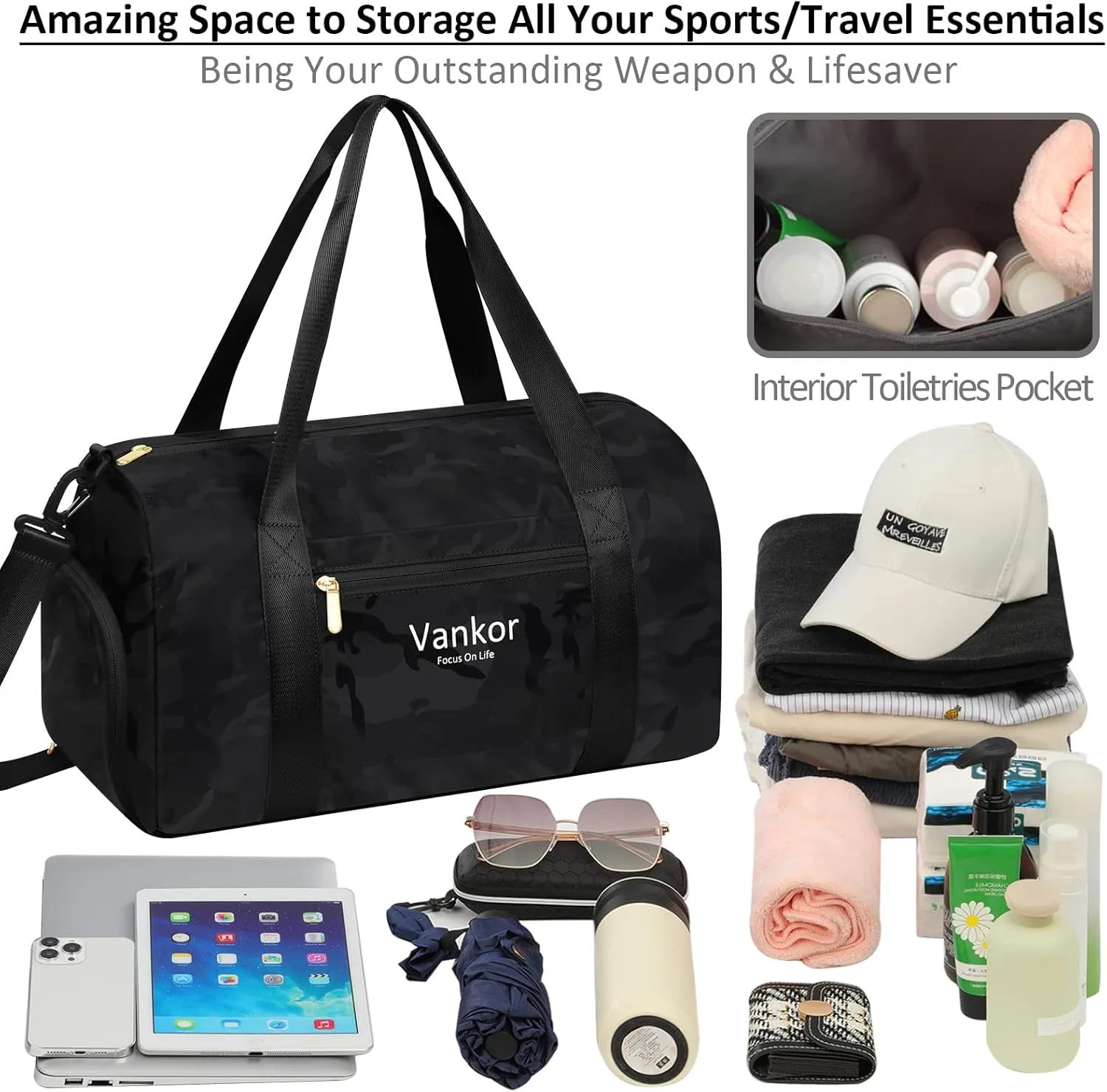 Gym Bag for Women with Shoe Compartment Waterproof, Sports Duffle Bag for Travel Duffel Weekender Carry on Beach Yoga Overnight Luggage Mommy Maternity Hospital Bag Camo Black 17.50 Inch