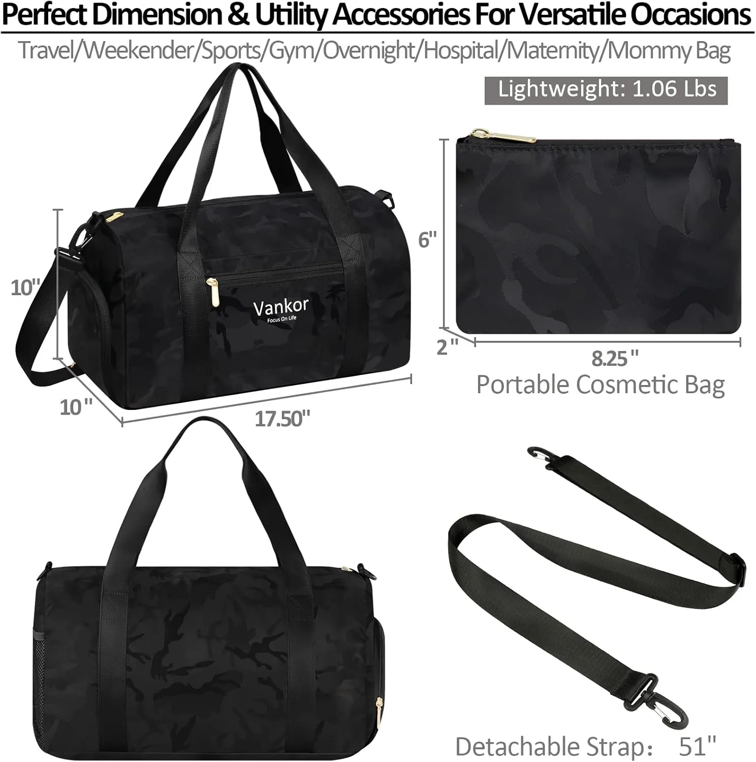 Gym Bag for Women with Shoe Compartment Waterproof, Sports Duffle Bag for Travel Duffel Weekender Carry on Beach Yoga Overnight Luggage Mommy Maternity Hospital Bag Camo Black 17.50 Inch