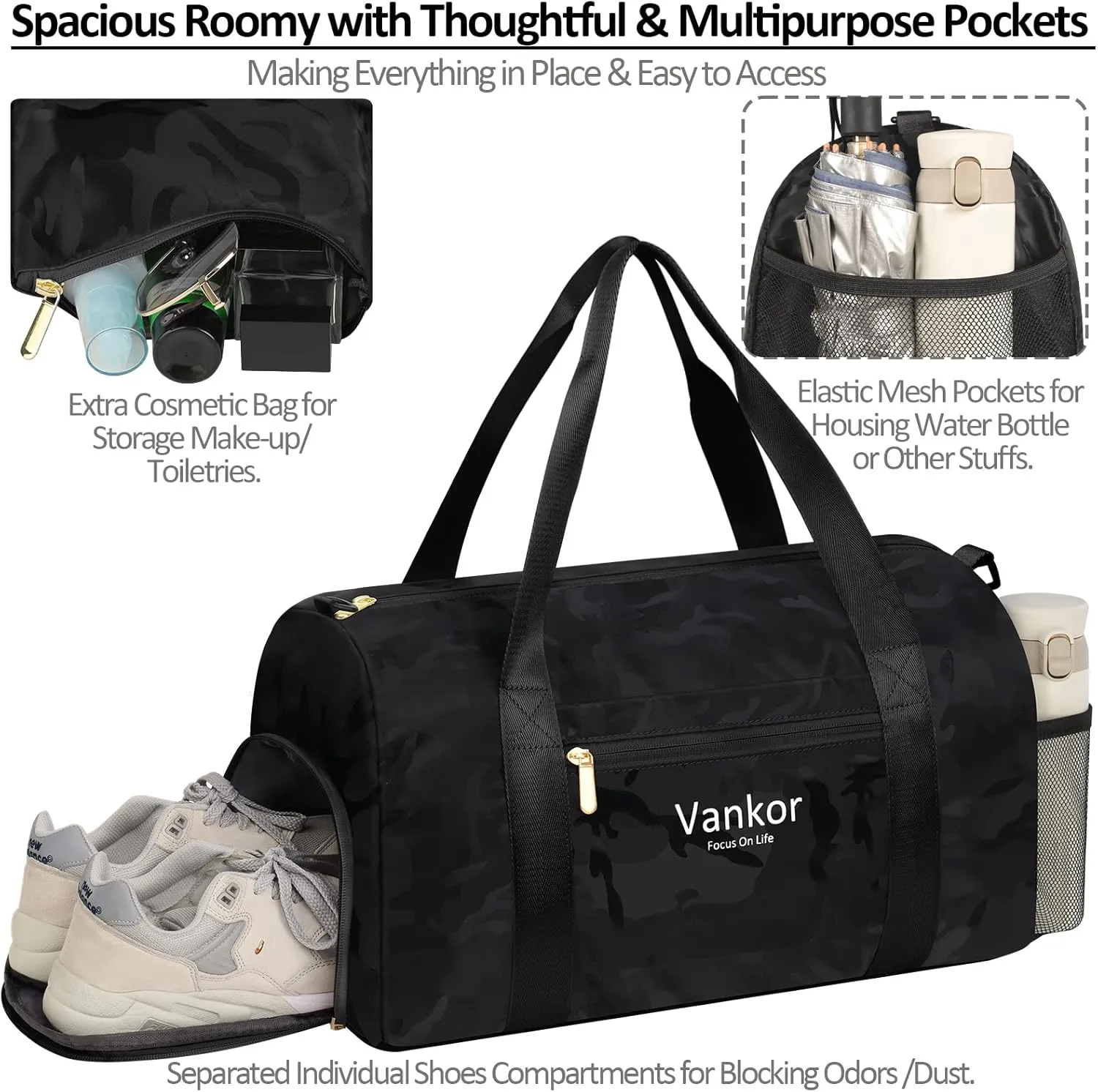 Gym Bag for Women with Shoe Compartment Waterproof, Sports Duffle Bag for Travel Duffel Weekender Carry on Beach Yoga Overnight Luggage Mommy Maternity Hospital Bag Camo Black 17.50 Inch
