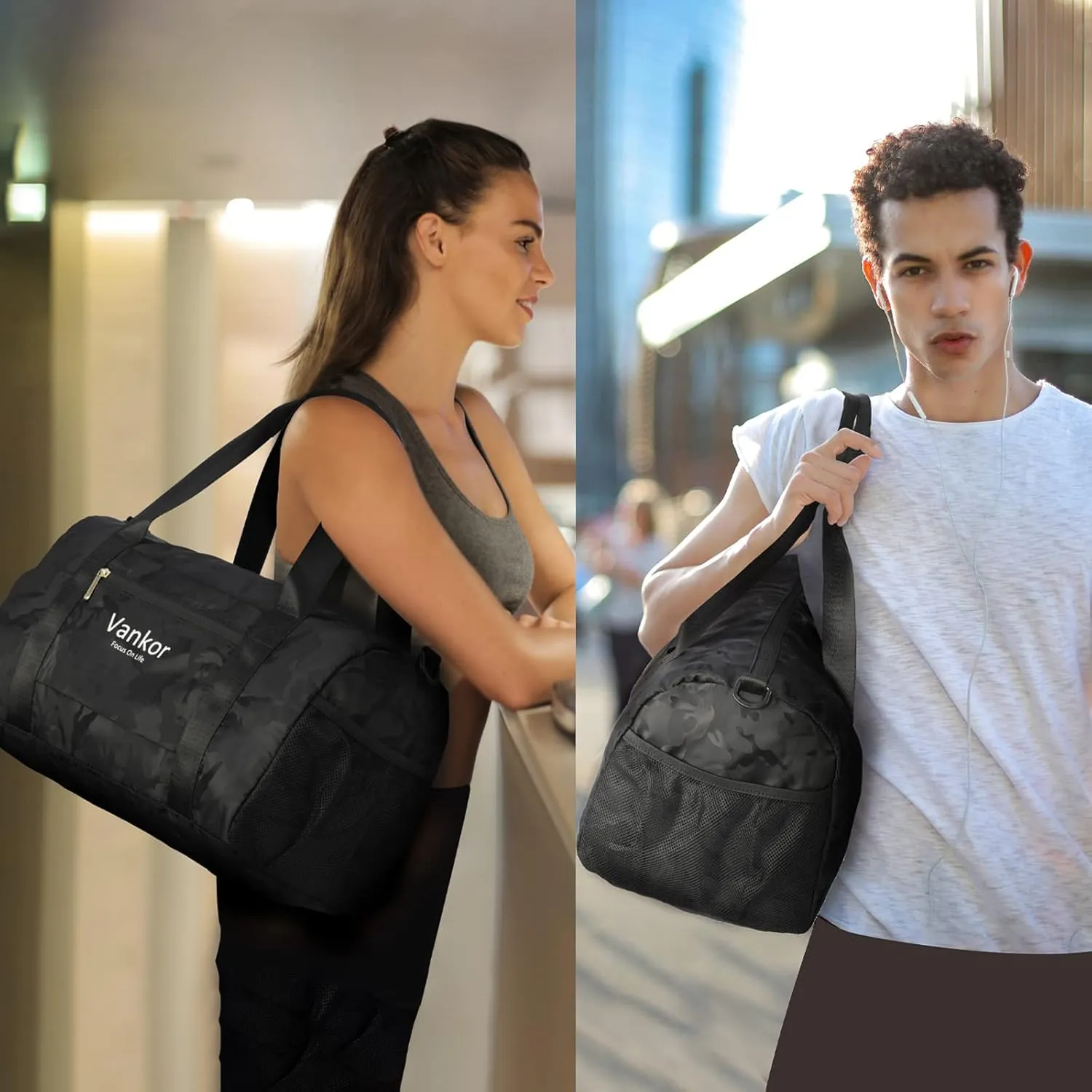 Gym Bag for Women with Shoe Compartment Waterproof, Sports Duffle Bag for Travel Duffel Weekender Carry on Beach Yoga Overnight Luggage Mommy Maternity Hospital Bag Camo Black 17.50 Inch