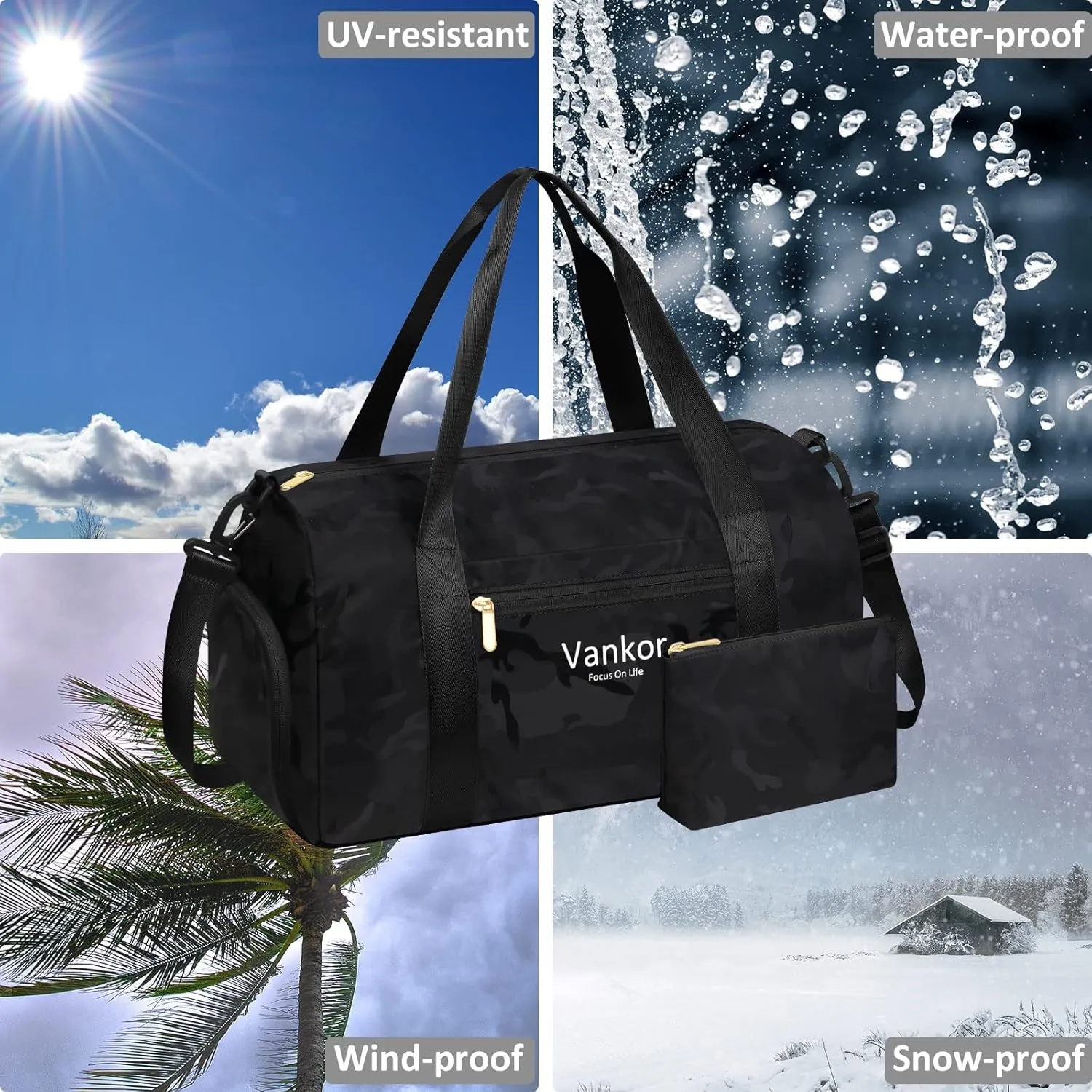 Gym Bag for Women with Shoe Compartment Waterproof, Sports Duffle Bag for Travel Duffel Weekender Carry on Beach Yoga Overnight Luggage Mommy Maternity Hospital Bag Camo Black 17.50 Inch