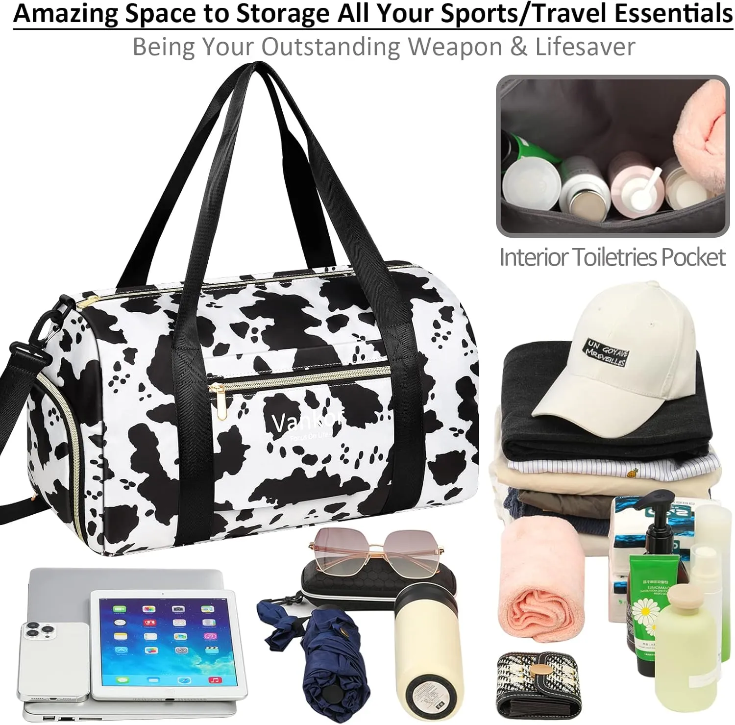 Gym Bag for Women with Shoe Compartment, Waterproof Sports Duffle Bag, Medium-17.5 Inch, Cow Print