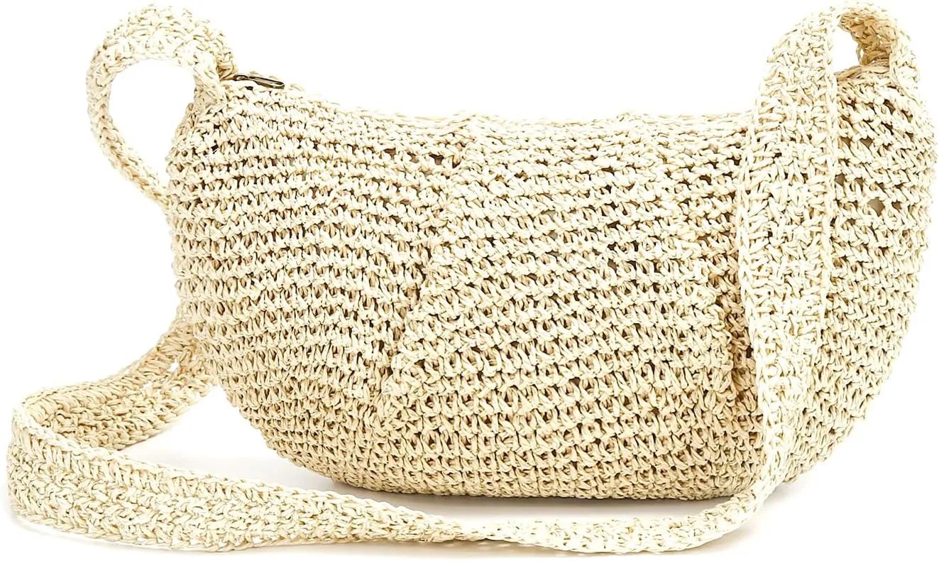 Herald Small Pleated Crescent Straw Woven Crossbody Bag for Women, Ruched Handmade Summer Beach Shoulder Purse Handbag
