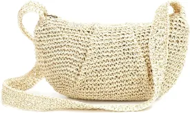 Herald Small Pleated Crescent Straw Woven Crossbody Bag for Women, Ruched Handmade Summer Beach Shoulder Purse Handbag