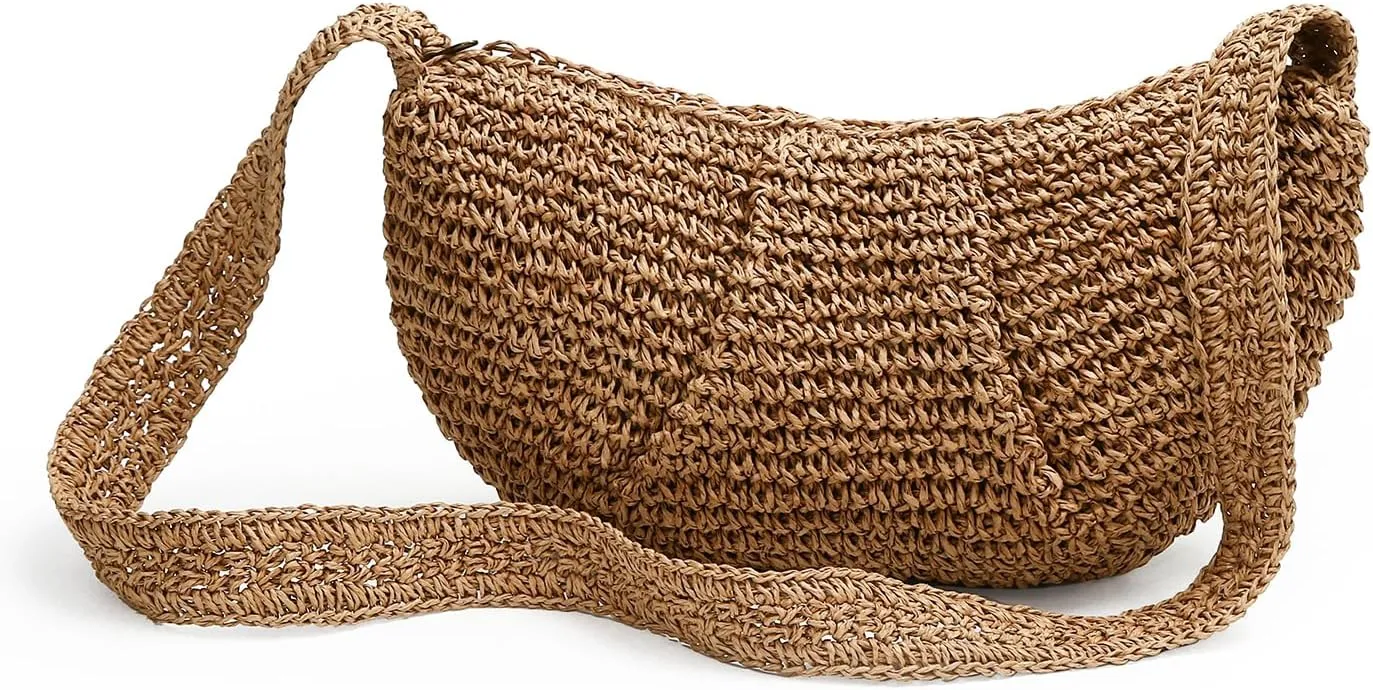 Herald Small Pleated Crescent Straw Woven Crossbody Bag for Women, Ruched Handmade Summer Beach Shoulder Purse Handbag