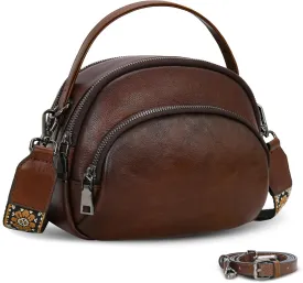 HESHE Leather Crossbody Bags for Women Brown Shoulder Bag with Wide Straps Ladies Purses and Handbags