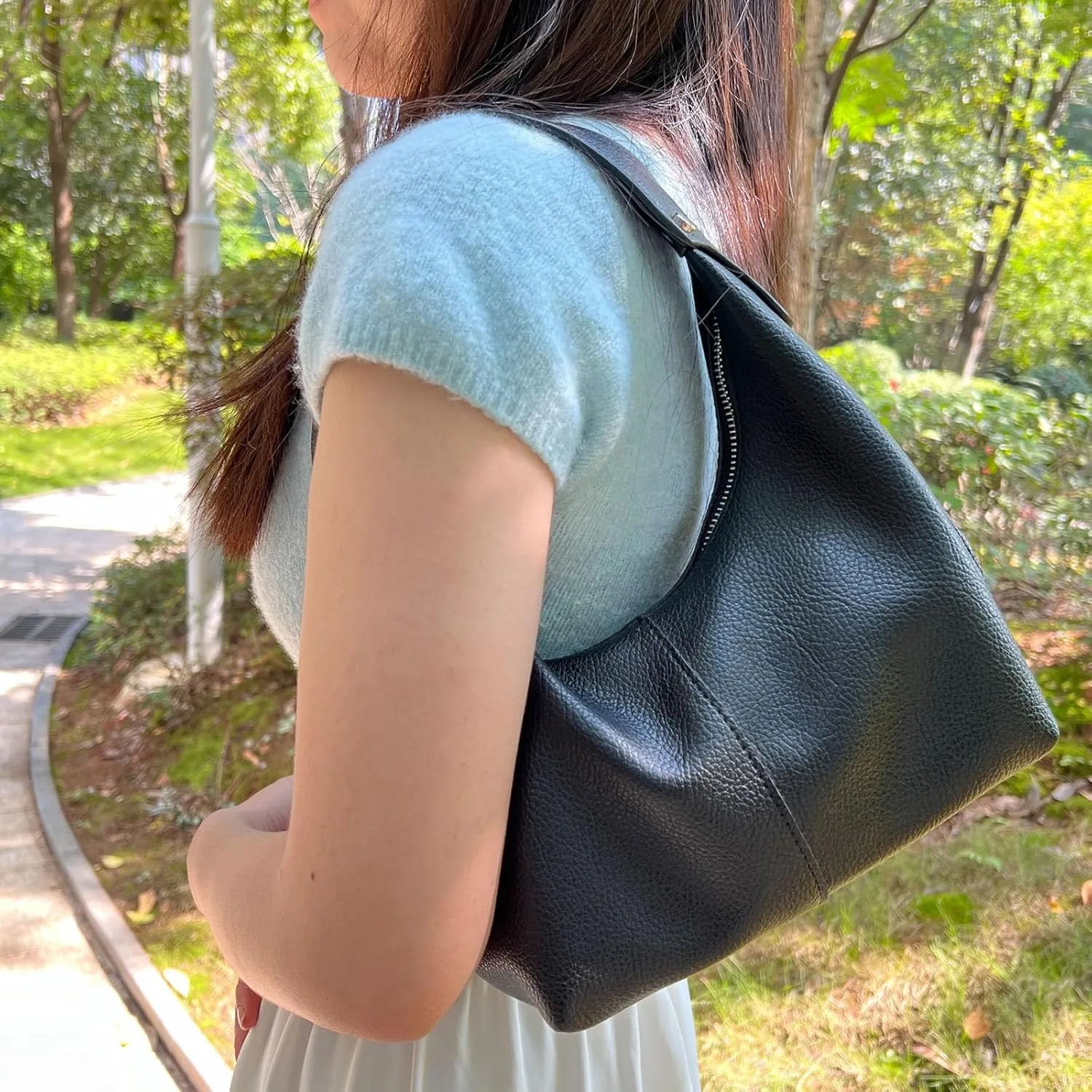 Hobo Women's PU Leather Shoulder Tote Clutch Crescent Slouchy Bag with Zipper Closure and Top Handle
