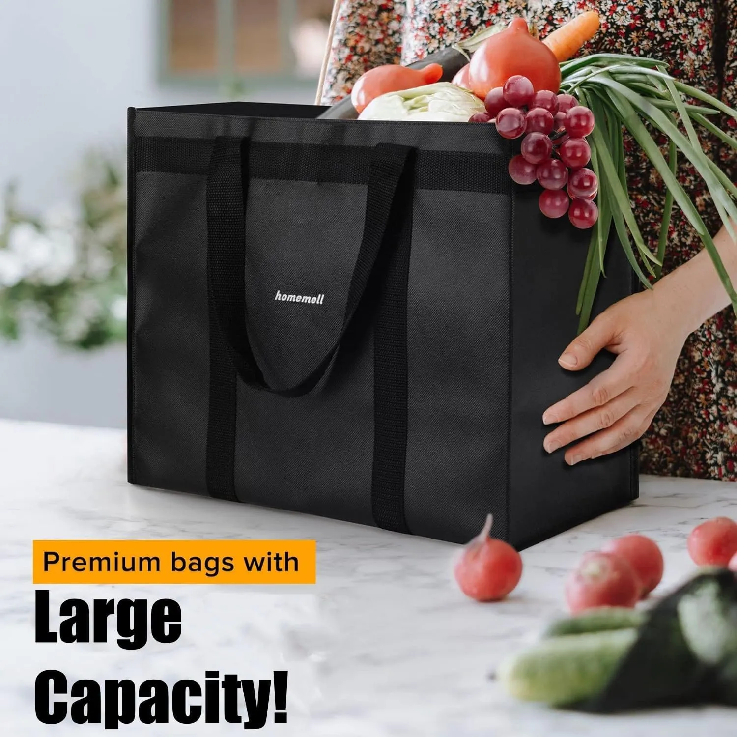 Homemell Heavy Duty Reusable Grocery Bags, Large Collapsible Tote Bag Holds 100 LBS, Extra-Strength Premium Material (Black, 2-Pack)